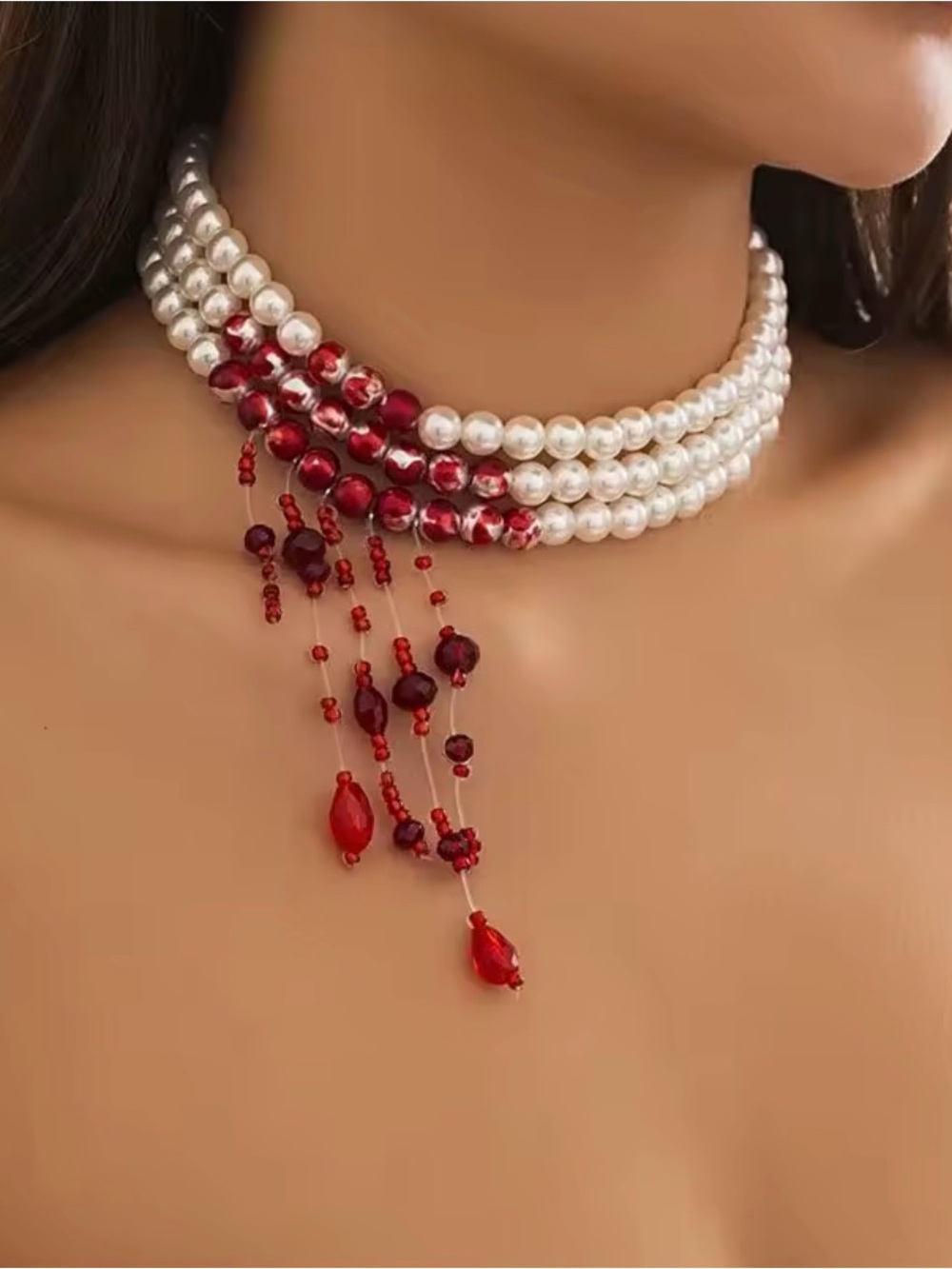 White Pearl Choker with Red Bead Tassels